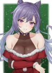  1girl alternate_costume arm_under_breasts bare_shoulders bell breasts christmas collarbone commentary_request cone_hair_bun dress fur_trim genshin_impact grin hair_bun highres jingle_bell kakabos keqing_(genshin_impact) large_breasts long_hair looking_at_viewer neck_bell off-shoulder_dress off_shoulder pink_eyes purple_hair red_dress santa_costume santa_dress see-through_cleavage see-through_clothes smile solo upper_body 