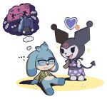 2025 alpha_channel anthro aster_(oagoner) biped black_nose blue_hair bottomless clothed clothing colored computer_keyboard countershade_face countershade_torso countershading daydream duo ellipsis eyes_closed eyewear female floppy_ears glasses gloves_(marking) hair heart_symbol high-angle_view japanese_text kuromi leg_markings male markings oagoner onegai_my_melody open_mouth open_smile rear_view sanrio shadow simple_background sitting sitting_on_ground smile socks_(marking) spade_tail spread_legs spreading standing tail text thought_bubble three-quarter_view transparent_background white_body white_countershading white_inner_ear