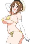  :d atelier_(series) atelier_ryza atelier_ryza_1 bikini breasts brown_eyes ecgg_(tsuji418477) elbow_gloves gloves hat highres large_breasts reisalin_stout short_hair simple_background smile swimsuit white_background white_gloves white_hat yellow_bikini 