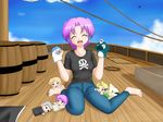  ^_^ barefoot breasts closed_eyes hand_puppet large_breasts original pirate puppet purple_hair regdic ship skull skull_and_crossbones smile solo watercraft 