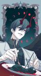  2boys ;d benkdjjituibot black_coat black_eyes black_hair black_shirt blood blood_on_clothes blood_on_plate blood_splatter border coat collared_shirt cutlery demon_horns double-parted_bangs dutch_angle eye_print fork grin hair_between_eyes highres holding holding_fork horns imminent_cannibalism impaled kim_dokja looking_at_another lying male_focus mini_person miniboy moon_phases multiple_boys official_alternate_costume omniscient_reader&#039;s_viewpoint on_plate on_side one_eye_closed ornate_border red_pupils shirt short_hair size_difference skewer smile white_coat yoo_joonghyuk 