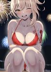  1girl ;d aerial_fireworks arm_under_breasts bikini blonde_hair blush breast_tattoo breasts cleavage collarbone commentary_request feet_out_of_frame fireworks genshin_impact highres kakabos large_breasts looking_at_viewer night night_sky one_eye_closed open_mouth orange_eyes red_bikini sky smile solo squatting swimsuit tattoo teeth wet yoimiya_(genshin_impact) 