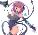  backlighting bangs bare_shoulders blush bracer breasts brown_hair cable cleavage cleavage_cutout clothes_writing damaged elbow_gloves english fingerless_gloves from_side glint gloves grey_legwear groin halterneck headset kasai_shin large_breasts leotard looking_to_the_side open_mouth original outstretched_arm purple_eyes short_hair simple_background solo striped striped_legwear tan thighhighs turtleneck two_side_up white_background 