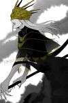  1boy aldrich_devourer_of_gods black_dress covered_eyes dark_souls_(series) dark_souls_iii dress fingernails gold_headwear helmet helmet_over_eyes highres holding holding_weapon hooded_robe k34dsds long_arms long_fingernails long_hair male_focus robe signature simple_background solo spiked_helmet tail weapon white_background 