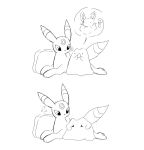 2024 ambiguous_gender black_nose ditto_(pokemon) dot_eyes duo eevee eeveelution eyes_closed feral fur generation_1_pokemon generation_2_pokemon hi_res looking_at_another lying markings motion_lines neck_tuft nintendo on_front open_mouth pawpads paws piyolondres pokemon pokemon_(species) pupils quadruped question_mark simple_background simple_eyes tail tuft umbreon white_background
