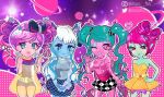  4girls alie_lectric alien android antennae aqua_hair argyle_clothes argyle_skirt ari_roma bad_id bad_twitter_id bare_arms bare_shoulders belt belt_buckle black_bow black_skirt blue_eyes blue_eyeshadow blue_hair blue_leotard blue_lips blue_skirt blue_tongue blunt_bangs blunt_ends bob_cut bow bow-shaped_hair bracelet bubble_skirt buckle buttons chocofish closed_mouth collarbone colored_skin colored_tongue commentary cowboy_shot dot_nose double_v dress english_commentary eyelashes eyeshadow facepaint glitter green_lips grey_belt grey_eyeshadow grey_shirt grey_skirt hair_through_headwear hair_tie halftone halftone_background hand_on_own_hip hand_up hat hat_bow helmet instagram_username jewelry lace-trimmed_dress lace_trim leotard light_particles lipstick long_hair long_sidelocks mae_tallick makeup messy_hair miniskirt multicolored_hair multicolored_skirt multiple_girls novi_stars one_eye_closed outline own_hands_together pink_background pink_bow pink_eyes pink_eyeshadow pink_hair pink_sash pink_shirt pink_skin planet planetary_ring pleated_dress pointy_ears puffy_short_sleeves puffy_sleeves purple_background sash see-through_clothes see-through_dress shirt short_dress short_hair short_sleeves short_twintails sidelocks skirt sleeveless sleeveless_dress sleeveless_shirt smile space_helmet sparkling_eyes standing star_(symbol) strapless strapless_dress streaked_hair teeth twintails twitter_username two-tone_background una_verse upper_teeth_only v very_long_hair waist_sash watermark wavy_hair white_hair white_outline white_skirt yellow_dress 