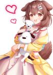 1girl animal_ears bone_hair_ornament brown_eyes brown_hair dog_ears dog_girl dog_tail hair_ornament hajime_yo heart highres hololive inugami_korone jacket looking_at_viewer open_mouth solo tail virtual_youtuber yellow_jacket 
