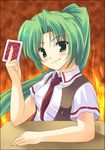  artist_request card fire green_eyes green_hair higurashi_no_naku_koro_ni holding holding_card long_hair lowres non-web_source solo sonozaki_mion table 