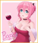  1girl :o alcohol alternate_costume alternate_hairstyle armpit_crease armpit_peek beads black_bow black_choker blue_eyes blush bocchi_the_rock! border bow breasts chalice character_name choker cleavage collared_shirt commentary_request crossed_bangs cup dress evening_gown fingernails fur_shawl glass gotoh_hitori hair_between_eyes hair_bow hair_bun hand_on_own_chest hands_up highres holding holding_cup large_breasts long_bangs long_hair long_sidelocks looking_up naeaemgung nail_polish open_mouth orange_border outside_border pink_background pink_hair pink_nails raised_eyebrows red_dress shawl shirt sidelocks simple_background skindentation solo sphere_hair_ornament strapless strapless_dress upper_body white_border wine wispy_bangs 