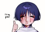  1boy artist_name bleeding blood blood_from_forehead blunt_ends blush closed_eyes english_text eyeliner eyeshadow facing_viewer genshin_impact highres japanese_clothes kariginu kimono makeup male_focus mik0chn open_mouth portrait purple_hair purple_kimono purple_sleeves red_eyeliner red_eyeshadow scaramouche_(genshin_impact) scaramouche_(kabukimono)_(genshin_impact) solo straight-on thumbs_up white_background wispy_bangs 