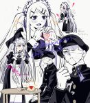  ... alternate_costume apron atyakodayo1 bandaged_head bandages black_dress black_jacket black_pants bleeding blood blood_from_mouth chabudai_(table) chibi chibi_inset clenched_hand collared_dress colored_tongue commentary_request covered_face dated drawn_halo drawn_wings dress enmaided fang flying_sweatdrops food gakuseibou geminism gloves grey_hair halo hand_up hat heart heart_hands heart_in_heart_hands highres hirosoma_kikyou jacket juliet_sleeves ketchup_bottle long_dress long_hair long_sleeves maid maid_apron moe_moe_kyun! multiple_views neck_ribbon omelet omurice one_eye_covered open_mouth pants parted_lips puffy_sleeves purple_eyes purple_ribbon purple_tongue ribbon seiza serious sitting sleeve_cuffs smile sparkle spoken_ellipsis swept_bangs table translation_request twitter_username two_side_up v-shaped_eyebrows white_gloves yamaga_awasumi 