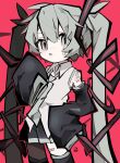  1girl :o absurdres ahoge bandaid_on_thigh bare_shoulders black_skirt black_sleeves black_thighhighs collared_shirt commentary contrapposto cowboy_shot detached_sleeves double-parted_bangs flat_chest gauze gauze_on_cheek gauze_on_shoulder grey_eyes grey_hair grey_necktie grey_trim hair_between_eyes hair_ornament halftone hand_on_own_hip hand_up hatsune_miku highres long_hair long_sleeves looking_at_viewer miniskirt necktie no_nose open_mouth pale_skin pleated_skirt puffy_long_sleeves puffy_sleeves red_background shirt simple_background skirt sleeveless sleeveless_shirt sleeves_past_fingers sleeves_past_wrists solo soresaki standing thighhighs twintails very_long_hair vocaloid white_shirt wide_sleeves zettai_ryouiki 