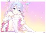  1girl ahoge armpits bare_shoulders fricka_(iris_mysteria!) frilled_skirt frills green_eyes halo highres hugging_own_legs iris_mysteria! k_(nura-rikuo) looking_at_viewer pointy_ears purple_hair sitting skirt socks twintails wide_sleeves 
