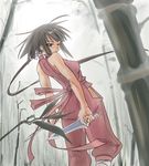  ahoge baggy_pants bamboo bamboo_forest cowboy_shot dagger dual_wielding forest green_hair hair_ribbon hip_vent holding long_hair looking_back low_ponytail mahou_sensei_negima! maru_take md5_mismatch nagase_kaede nature ninja one_eye_closed pants ribbon solo weapon 