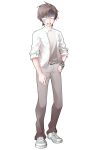 1boy arm_at_side blank_eyes blazer brown_hair cevio checkered_bracelet collared_shirt commentary_request converse dairi drooling full_body furrowed_brow grey_pants grey_shoes hand_on_own_hip highres jacket large_variant_set looking_at_viewer male_focus open_mouth pants shaded_face shirt shoes short_hair sleeves_rolled_up sneakers solo standing tachi-e takahashi_amato transparent_background variant_set white_jacket white_shirt wing_collar 