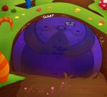 anthro belly blue_body blue_fur blue_hair blueberry_inflation body_inflation candy canid canine charlie_and_the_chocolate_factory chocolate clothed clothing dessert dialogue english_text food fox frootz fruit fur glorp hair hi_res hyper hyper_inflation immobile inflation male mammal navel open_mouth partially_submerged plant pumpkin river solo speech_bubble spherical_inflation stuck swollen_cheeks text torn_clothing tremble_spikes worried