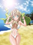  aqua_eyes beach breasts brown_hair covered_nipples day large_breasts long_hair nagi_yuuji original solo swimsuit 