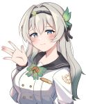  1girl black_hairband black_ribbon black_sailor_collar blush bow bowtie buttons checkered_bow checkered_bowtie checkered_clothes closed_mouth collared_shirt double-breasted erushira firefly_(honkai:_star_rail) firefly_(spring_missive)_(honkai:_star_rail) gradient_eyes gradient_hair green_bow green_bowtie green_pupils grey_hair hair_between_eyes hair_intakes hair_ornament hair_ribbon hairband highres honkai:_star_rail honkai_(series) multicolored_eyes multicolored_hair ribbon sailor_collar shirt simple_background smile solo two-tone_eyes waving_arm white_background white_shirt 