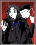  2boys atyakodayo1 bandaged_head bandages behind_another black_cape black_hair black_hat black_jacket border buttons cape cigarette covered_face curtained_hair gakuran gakuseibou geminism gloves gradient_background hand_up hat highres holding holding_cigarette jacket long_hair long_sleeves looking_at_another looking_to_the_side male_focus mouth_hold multiple_boys musical_note red_background school_uniform smoking transparent_border tsukishiro_tsukishiro upper_body whistling yamaga_awasumi 