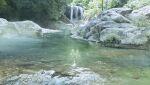  abe_toshiyuki commentary_request day highres no_humans original outdoors painting_(medium) pebble river scenery signature traditional_media tree water watercolor_(medium) waterfall 