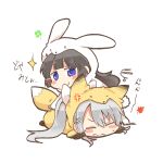  2girls anger_vein animal_costume animal_ears black_hair blush_stickers bow chibi closed_eyes closed_mouth fake_animal_ears fake_tail fox_costume fox_ears fox_tail grey_hair hair_between_eyes hair_bow hair_ornament hairclip higuchi_kaede long_hair multiple_girls nijisanji ponytail rabbit_costume rabbit_ears rabbit_tail rebecca_(keinelove) simple_background smile sparkle squiggle tail translation_request tsukino_mito v-shaped_eyebrows very_long_hair virtual_youtuber wavy_hair white_background white_bow 