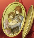  2boys anna_irving baby baby_carry brown_hair father_and_son jewelry kratos_aurion lloyd_irving locket mother_and_son multiple_boys pendant red_background shimabara spoilers tales_of_(series) tales_of_symphonia 