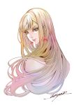  1girl aosuna artist_name blonde_hair blue_eyes closed_mouth commentary cropped_torso earrings from_side gigi_andalusia gundam gundam_hathaway&#039;s_flash highres jewelry long_hair looking_at_viewer looking_back signature simple_background smile solo triangle_earrings upper_body white_background 