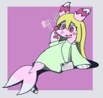 2024 animate_inanimate anthro blonde_hair border bottomless brionne clothed clothing colored fangs female female_symbol gender_symbol gender_transformation generation_7_pokemon gloves_(marking) hair horn id_card implied_transformation interrobang legless living_plushie looking_down_at_self male_symbol markings mtf_transformation nintendo oagoner open_mouth open_smile oversized_clothing pawpads pink_body pink_nose pink_pawpads plushie plushie_tag pokeball_symbol pokemon pokemon_(species) purple_background seam_(sewing) shirt shocked simple_background sitting sitting_on_ground smile solo sylve0n_(user) symbol t-shirt tail teeth three-quarter_view topwear transformation whiskers white_border white_markings