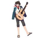  1boy acoustic_guitar bad_source bandana black_hair black_pants black_shirt brown_hair collared_shirt full_body green_jacket guitar highres holding holding_instrument instrument jacket jacket_on_shoulders looking_at_viewer male_focus music official_art open_mouth pants playing_instrument purple_eyes red_bandana sandals shirt short_hair simple_background sleeves_rolled_up smile solo song_hyeon-u standing white_background white_shirt zombie_high_school 