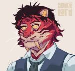 2023 absurd_res anthro arrow_(marking) artist_name beastars black_hair bust_portrait cheek_tuft clothed clothed_male clothing collared_shirt digital_media_(artwork) dress_shirt facial_tuft fangs felid flaviomodezto fully_clothed fully_clothed_male fur grey_necktie hair hi_res highlights_(coloring) inner_ear_fluff looking_at_viewer male mammal necktie orange_eyes portrait prehistoric_species red_body red_fur red_hair red_highlights saber-toothed_tiger sabertooth_(anatomy) shirt short_hair solo spikelord tan_body tan_fur teeth text topwear tuft vest whiskers white_dress_shirt yellow_sclera