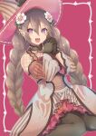  1girl :d absurdres black_gloves black_pantyhose blush braid brown_dress brown_hair dress fang fishnet_top fishnets flower gloves hair_flower hair_ornament hands_up hat heart heart-shaped_pupils highres interlocked_fingers long_hair long_sleeves looking_at_viewer ludmila_(rune_factory) open_mouth own_hands_together pantyhose pink_background pink_flower pointy_ears purple_eyes rune_factory rune_factory_5 sitting smile solo symbol-shaped_pupils t_amayuki_b twin_braids very_long_hair witch_hat yellow_pupils 