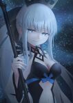  1girl absurdres anata6350 black_bow black_dress blue_eyes bow braid breasts center_opening cleavage dress fate/grand_order fate_(series) grey_hair hair_bow highres large_breasts long_hair long_sleeves looking_at_viewer morgan_le_fay_(fate) morgan_le_fay_(third_ascension)_(fate) navel night night_sky ponytail sidelocks sky smile solo spikes staff tiara two-tone_dress very_long_hair white_dress wide_sleeves 