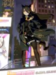  1girl 2025 absurdres ahoge animal_ears belt black_belt black_coat black_hair black_shirt black_skirt building city closed_mouth cloud cloudy_sky coat collared_shirt floating_clothes floating_hair full_body grey_hair hair_between_eyes hands_in_pockets highres horse_ears horse_girl horse_tail long_hair long_hair_between_eyes long_sleeves looking_at_viewer manhattan_cafe_(umamusume) multicolored_hair nail_polish necktie new_york_city night no_uwazumi on_rooftop open_clothes open_coat outdoors shirt skirt sky solo special_week_(umamusume) sunday_silence_(racehorse) tail times_square umamusume very_long_hair white_hair wrist_cuffs yellow_eyes yellow_necktie 