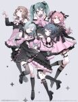  5girls :o ahoge aqua_eyes aqua_hair arm_at_side asymmetrical_legwear bag bare_shoulders belt black_belt black_bow black_dress black_nails black_ribbon black_shirt black_shoes black_skirt black_socks black_thighhighs black_trim blue_eyes blue_hair bow bow_legwear brown_hair buttons center_frills clothing_cutout collared_shirt copyright_notice cross-laced_clothes cross-laced_skirt cross-laced_slit detached_collar double-parted_bangs dress earrings fishnet_socks fishnets frilled_dress frilled_shirt frilled_socks frilled_thigh_strap frills from_behind full_body garter_straps grey_background grey_eyes grey_hair hair_between_eyes hair_bow hair_ornament hair_ribbon hanasato_minori hand_on_own_chest hands_up hatsune_miku head_tilt heart heart_earrings heart_tattoo high-waist_skirt highres hinomori_shizuku jewelry jirai_kei karo_(karohroka) kiritani_haruka kneehighs knees_together_feet_apart long_hair long_sleeves looking_at_viewer mary_janes mismatched_legwear momoi_airi more_more_jump!_(project_sekai) multiple_girls nail_polish necklace off-shoulder_shirt off_shoulder open_mouth over-kneehighs pale_skin parted_lips petticoat pink_bag pink_bow pink_dress pink_hair pink_nails pink_shirt pink_skirt pink_trim polka_dot polka_dot_shirt pom_pom_(clothes) project_sekai puffy_long_sleeves puffy_sleeves red_eyes ribbed_socks ribbon shirt shirt_tucked_in shoes short_hair shoulder_bag shoulder_cutout shoulder_tattoo simple_background single_garter_strap skindentation skirt skirt_hold sleeve_bow sleeveless sleeveless_dress sleeveless_turtleneck sleeves_past_wrists socks sparkle_background standing standing_on_one_leg tattoo thigh_strap thighhighs turtleneck turtleneck_dress twintails two_side_up very_long_hair vocaloid web_address 