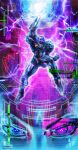  1girl 1other absurdres alien arm_up blue_skin colored_skin dark_samus determined electricity energy_ball english_commentary extra_eyes eyelashes floating glitch glowing heads-up_display health_bar highres looking_at_viewer metroid metroid_prime_2:_echoes powering_up purple_background red_eyes samus_aran see-through_skin signature twitter_username user_interface veins yasukuni_kazumasa 
