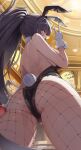  1girl animal_ear_hairband animal_ears artist_name ass ass_focus black_leotard blue_archive breasts commentary_request dated detached_collar fake_animal_ears fishnet_pantyhose fishnets from_below gloves hairband hand_up highres indoors karin_(blue_archive) karin_(bunny)_(blue_archive) large_breasts leotard long_hair looking_at_viewer official_alternate_costume official_alternate_hairstyle pantyhose playboy_bunny ponytail rabbit_ear_hairband rabbit_ears rabbit_tail revision solo strapless strapless_leotard tail ticker_(kks2ksy) v very_long_hair white_gloves white_wrist_cuffs wrist_cuffs yellow_eyes 