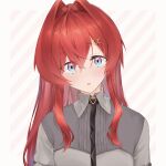  1girl :o ange_katrina ange_katrina_(4th_costume) ayuko_ammobium black_necktie blue_eyes collared_shirt commentary_request crossed_bangs diagonal-striped_background dot_nose gradient_eyes grey_shirt hair_between_eyes hair_intakes head_tilt highres light_blush long_hair long_sidelocks looking_at_viewer multicolored_eyes necktie nijisanji open_mouth pink_eyes portrait red_hair shirt sidelocks straight-on striped_background virtual_youtuber white_background 
