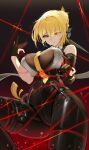  1girl absurdres black_gloves black_pants blonde_hair breasts evelyn_chevalier gloves hair_bun highres large_breasts latex_pants necktie pants partially_fingerless_gloves puka_(oni) purple_eyes shirt sleeveless sleeveless_shirt solo thighs thread tight_clothes tight_pants yellow_necktie zenless_zone_zero zipper 