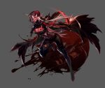  1girl absurdres assassin belt_boots black_boots black_shrug black_thighhighs blood blood_on_breasts blood_on_clothes blood_on_face blood_on_weapon blood_splatter bodystocking boots breasts cape cleavage cloak dark-skinned_female dark_skin dual_wielding dungeon_and_fighter evil_smile full_body glowing glowing_eye grey_background highres holding holding_knife holding_weapon hood hooded_cloak kim_hana knife large_breasts leather leather_boots pointy_ears red_eyes shadow_dancer_(dungeon_and_fighter) shrug_(clothing) simple_background smile solo thief_(dungeon_and_fighter) thigh_boots thighhighs torn_cape torn_clothes turtleneck weapon weapon_in_garters white_hair 