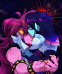 2023 abstract_background ahoge akanemnon anthro armor blue_body blue_hair blue_skin claws clothing deltarune duo english_description eye_contact eyebrow_through_hair eyebrows female finger_claws freckles gloves hair halo handwear heart_pupils hi_res holding_partner human kris_(deltarune) larger_anthro larger_female long_hair looking_at_another male mammal pauldron purple_body purple_hair purple_skin red_eyes red_halo scalie size_difference skinny_human skinny_male smaller_human smaller_male snout susie_(deltarune) translucent translucent_hair undertale_(series) watermark yellow_sclera