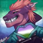 2023 abstract_background anthro artist_name clothing collar ear_piercing ear_stud facial_piercing fish flaviomodezto genderqueer_pride_colors green_body green_eyes green_scales hair hands_up heart_symbol jacket leather leather_clothing leather_jacket leather_topwear lgbt_pride looking_at_viewer male marine nose_piercing nose_ring piercing pink_body pink_hair pink_skin pride_color_background pride_colors purple_body purple_sclera purple_skin ring_piercing scales shark simple_background smile smiling_at_viewer solo spiked_collar spiked_jacket spikes text topwear vincian_pride_colors