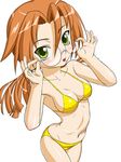  :o adjusting_eyewear armpits artist_request azuma_satori bamboo_blade bangs bikini blush breasts cleavage covered_nipples cowboy_shot from_side glasses green_eyes hair_between_eyes hands_up legs_together long_hair looking_at_viewer low_twintails medium_breasts mole mole_under_eye navel open_mouth orange_hair rimless_eyewear round_eyewear sideboob simple_background solo standing swimsuit twintails underboob white_background yellow_bikini 