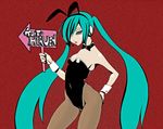  animal_ears aqua_hair bad_id bad_pixiv_id bunny_ears bunnysuit directional_arrow green_eyes hair_over_one_eye hatsune_miku headphones kurosakura long_hair pantyhose solo twintails vocaloid 