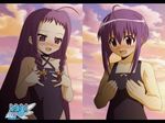  animated animated_gif ayase_yue blush bouncing_breasts breasts flat_chest long_hair mahou_sensei_negima! miyazaki_nodoka multiple_girls non-web_source one-piece_swimsuit purple_hair short_hair small_breasts sweatdrop swimsuit 