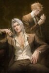  2boys alternate_costume blonde_hair cigarette cloud_strife earrings final_fantasy final_fantasy_vii formal_clothes grey_hair highres holding holding_cigarette holding_lighter jewelry jiyub lighter lighting_cigarette long_hair long_sleeves male_focus mouth_hold multiple_boys pants sephiroth short_hair single_earring sitting smoke smoke_trail smoking spiked_hair suit watermark watermark_grid 