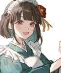  0404m 1girl :d blue_hair blunt_bangs brown_hair colored_inner_hair commentary_request flower hair_flower hair_ornament highres iroha_(rune_factory) japanese_clothes kimono long_sleeves looking_at_viewer maid maid_headdress multicolored_hair open_mouth pink_eyes red_flower rune_factory rune_factory:_guardians_of_azuma short_hair simple_background smile solo upper_body wa_maid white_background wide_sleeves 