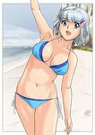  arms_up beach bikini blue_eyes head_tilt seolla_schweizer shiny shiny_skin short_hair shu-z silver_hair solo super_robot_wars swimsuit wide_hips 