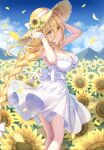  1girl alternate_breast_size bare_arms bare_legs blonde_hair bloom braid breasts buttons cleavage cloud cloudy_sky cuffs date_a_live dress field flower flower_field frilled_dress frills hair_between_eyes hat hat_flower highres hoshimiya_mukuro large_breasts legs long_braid long_hair mountain mountainous_horizon necktie oppai_loli panties petals ribbon see-through_clothes see-through_dress single_braid skirt sky sleeveless smile standing straw_hat sundress sunflower sunflower_field thighs tsubasaki twitter_username underwear very_long_hair white_dress white_panties white_ribbon white_skirt white_wrist_cuffs wrist_cuffs yellow_eyes yellow_hat yellow_petals 