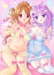  2000s_(style) 2girls :o absurdres blue_eyes breasts brown_hair cleavage eyelashes fillyskywishes highres lingerie long_hair mole mole_on_breast multiple_girls navel open_mouth original plump purple_hair red_eyes smile stretch_marks underwear 