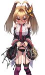  1girl bare_shoulders black_panties blush breasts clothes_lift dress embarrassed emil_chronicle_online frilled_dress frilled_skirt frills garter_belt highres kamuchin_soda lifting_own_clothes looking_at_viewer medium_breasts necktie panties purple_thighhighs raised_inner_eyebrows red_necktie silk skirt spider_web striped_clothes striped_thighhighs tarantula_alma tearing_up thighhighs underwear white_background 